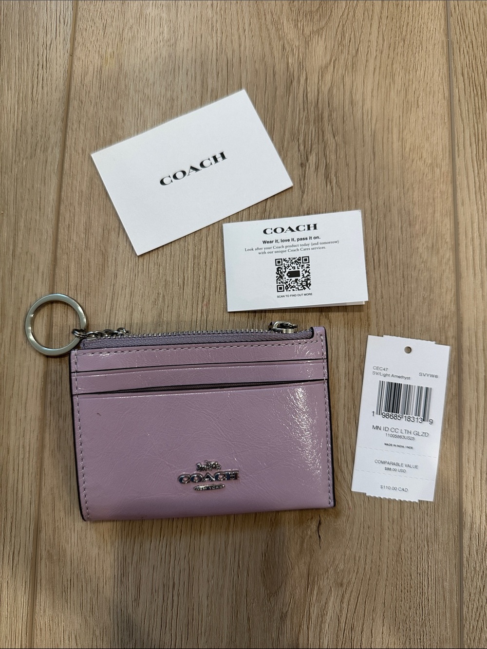 Coach Lilac Patent Leather Card Case with Key Ring